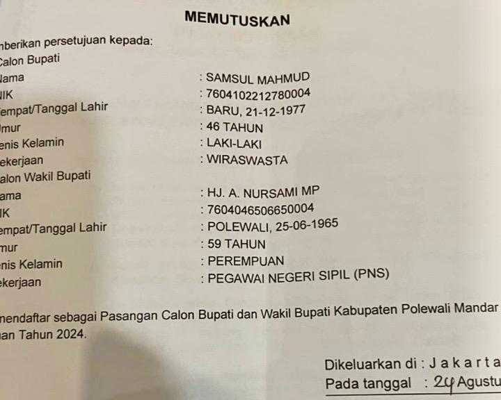 Diduga Belum Mundur dari ASN, Nursami Maju sebagai Cawabup di Polman