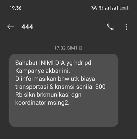 Beredar Hoax SMS Blast Uang Transport dan Konsumsi Relawan Pasca Kampanye Akbar INIMI DIA